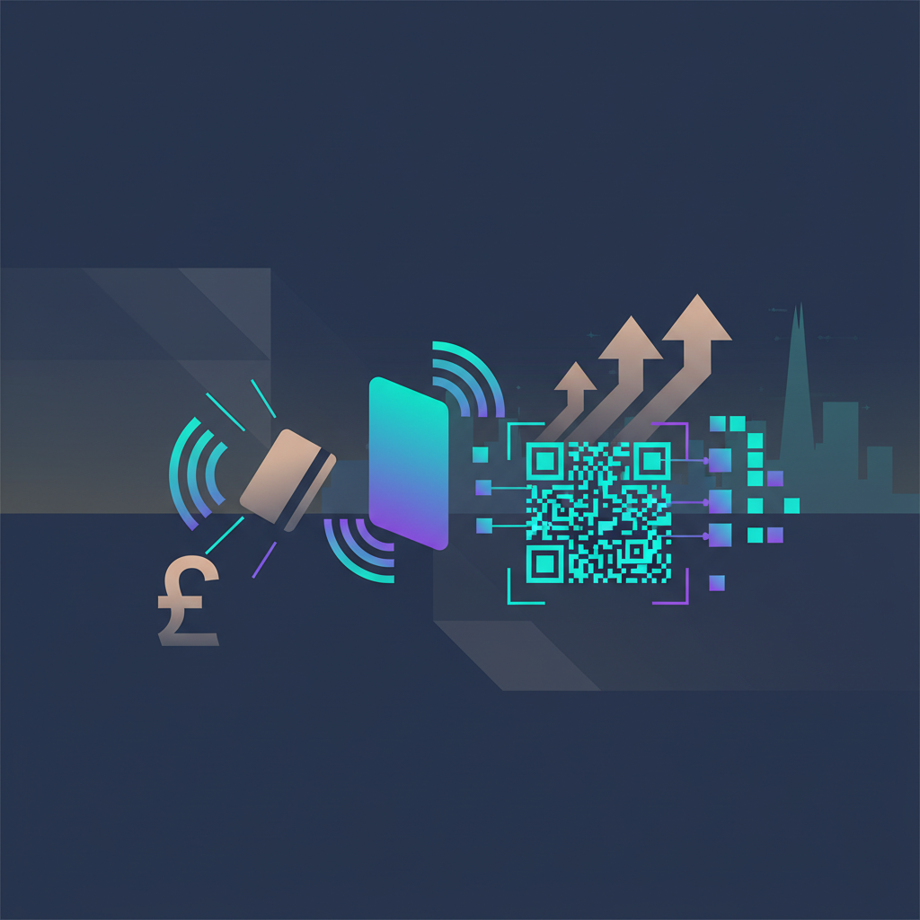 Futuristic payment terminal with contactless and QR code options